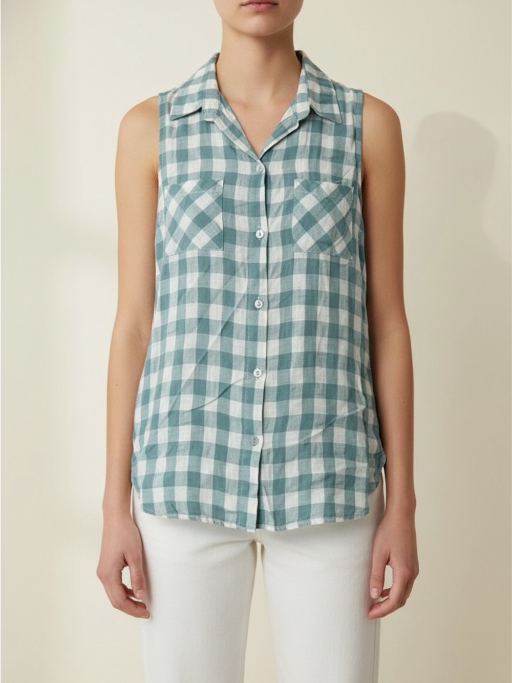 Sleeveless Green Gingham Button-Front Top